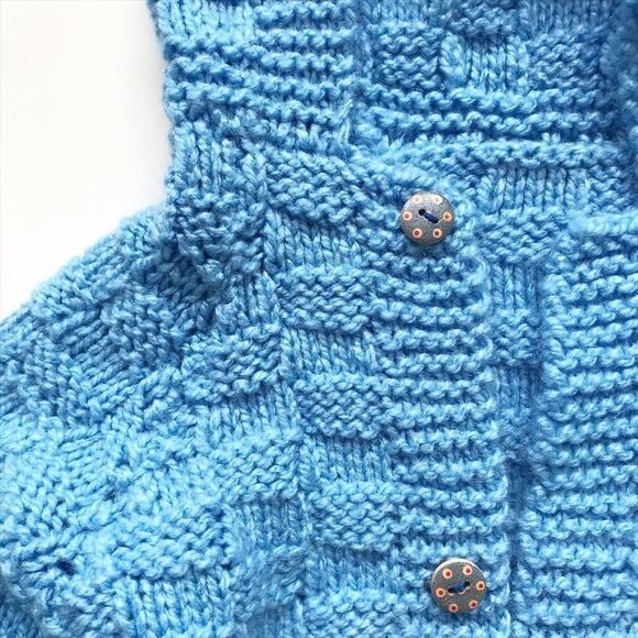 Hand knit blue hooded open front sweater 18-24m - Picture 2 of 4